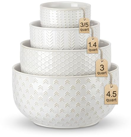 Lareina Ceramic Large Mixing Bowls Set of 4, Nesting Bowls for Cooking, Baking, Salad Etc, Serving Bowls, Mother's Day & Housewarming Gift, Microwave/Dishwasher Safe - 20/44/98/145 OZ, Ivory White