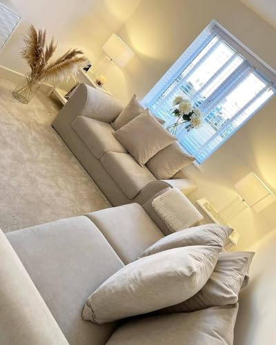 Plush Sofa Set - Soft Fabric Upholstered Corner Settee - Modern 3-Seater & 2-Seater Sofa - Grey Fabric UK Upholstered Corner Sofas For Living Room (Cream, 3+2)