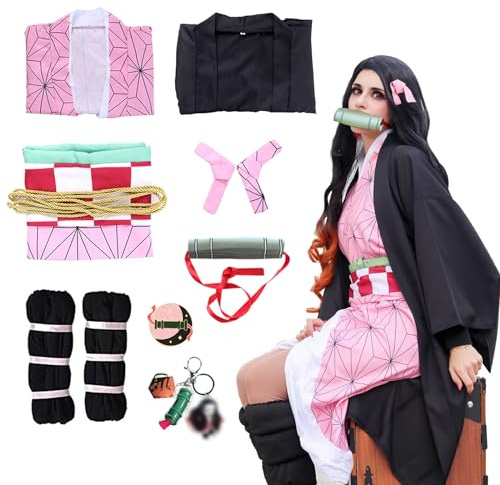 Solorass Nezuko Tanjirou Shinobu Cosplay Deguisement Enfant Adulte Halloween Carnaval Costume Japonais Kimono Accessoires Noël Cadeau pour Fille Garcon Homme Femme (Rose, M)