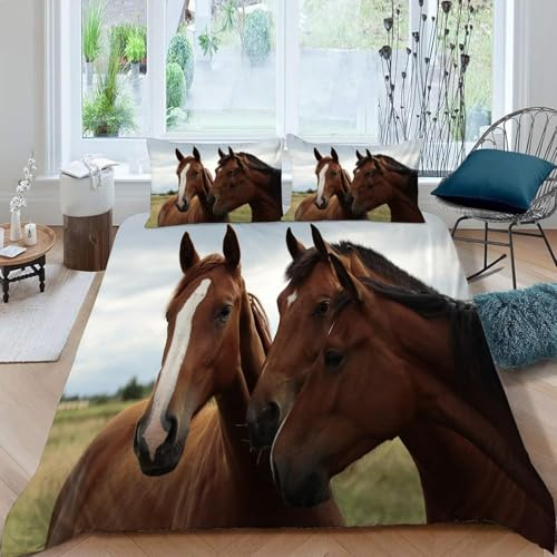 Funda Nordica Cama 90 Infantil Caballo 3D Ropa de Cama de 3 Piezas, Funda Nórdica 135x190 Animales de Granja Fundas de Edredón Microfibra con Cremallera y 2 Fundas de Almohada C-1990