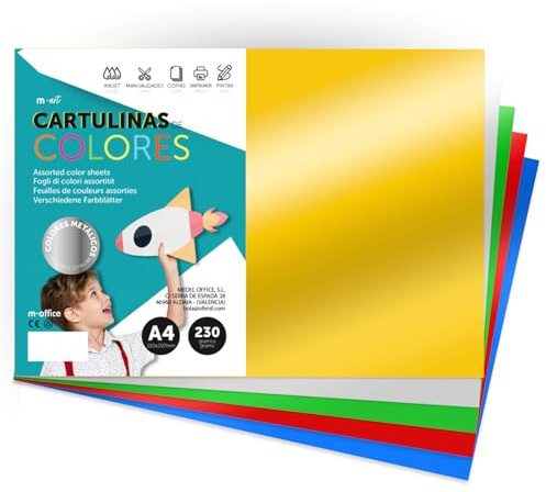 Cartulina de Colores Metalizadas, Cartulina DIN A4 (21x29,7cm) Cartulinas de Colores 230gr para Manualidades, Diseños Creativos y Proyectos de Arte, Brillo Reflectante · m-office (10 hojas, Surtido)