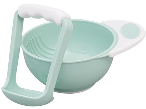 Juego de tazón triturador de alimentos para bebés de plástico portátil resistente al calor con mango antideslizante para nuevos padres.