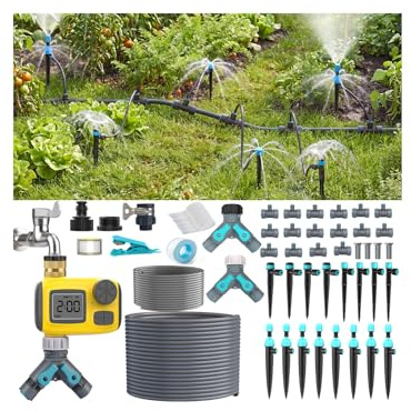 TRJZWA Sistema di Irrigazione Automatica con Timer per Giardini e Cortili, con Distributore a Y per l'irrigazione di Diverse Aree; Kit di Irrigazione Agricola con 3 Diversi Tipi di Ugelli per Serre