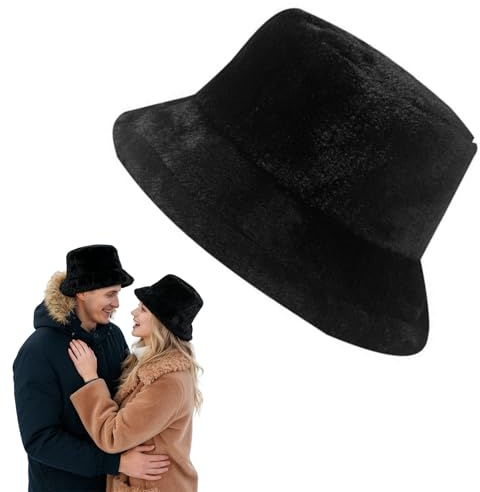 hankousi 1Pcs Fluffy Bucket Hat, Soft Plush Faux Fur Fisherman's Hat for Women Winter with Windproof & Warm Design(Black)