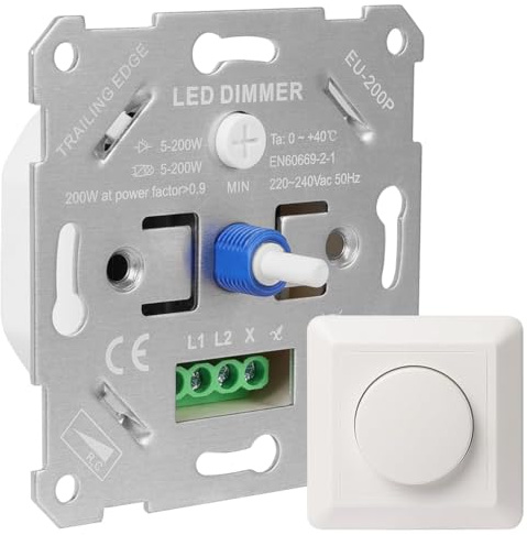 Awwertse Interruttore Dimmer Dimmer LED 230 V LED/Alogeni Dimmerabili 5-200 W Dimmer Rotativo Dimmerabile Interruttore Luce A Incasso Placca di Copertura Bianca