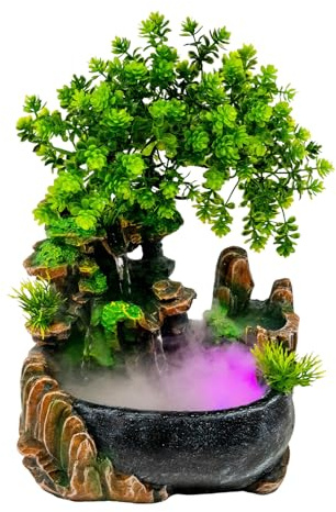 NiuLifeya Inomhusfontän bordsfontän 20 × 15 × 28 cm med bieffekt, LED-vattenfallsdekoration, harts inomhusfontän med pump och EU-kontakt, tyst dekoration för vardagsrum, kontor, meditatio