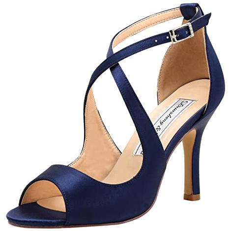 Duosheng & Elegant HP1820 Mujer Punta Abierta Tacones de Aguja Hebilla Satín Strappy Sandalias de Fiesta de Noche de Bodas Azul Marino EU 38