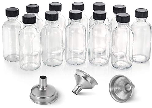 AOZITA 12 Pack, 2 oz Small Clear Glass Bottles w/Lid & 3 Funnels - 60ml Boston Shot Bottles for Health, Immunity, Potion, Wellness, Sample, Ginger, Juice - Mini Personal Care & Beauty Travel Bottle
