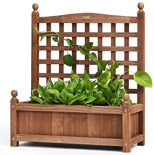 GIANTEX Pflanzgefäß mit Rankgitter, Garten Hochbeet mit Spalier, Tannenholz Massiv Gartenspalier, Blumenkasten Rankkasten Pflanzkasten, Blumenkübel Rankhilfe Braun