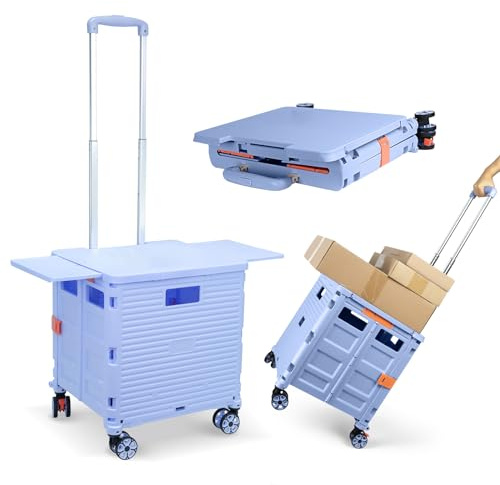 Vikbar blå varukorg, infällbar magnetisk bordsskjutbar överdrag， Vikbar plastvagn med 4 hjul Heavy Duty 55 kg Pack Go Vikbar Bärbar Shopping Camping Transportvagn Förvaringslåda på hjul