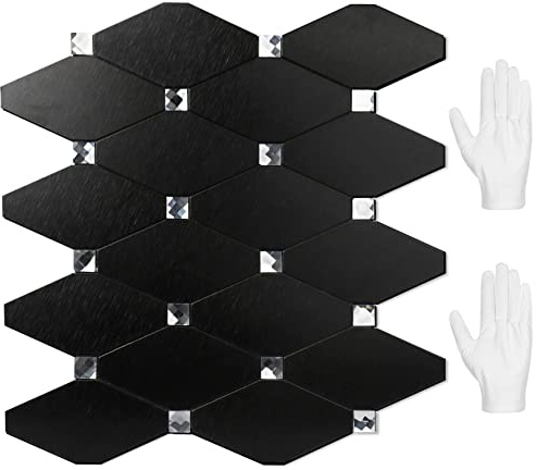 STICKGOO Peel and Stick Backsplash, 10 Sheets Kitchen Mosaic Tile Sticker, Black Brushed Aluminum Composite Panel, Stick on Backsplash for Kitchen, Countertop, Bathroom Vanity