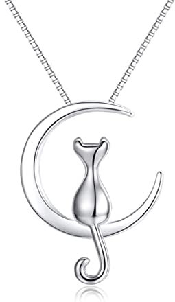 Collier Chat Argent 925, Pendentif en forme de croissant de lune et chat, Bijoux pour Femmes avec Collier en argent sterling