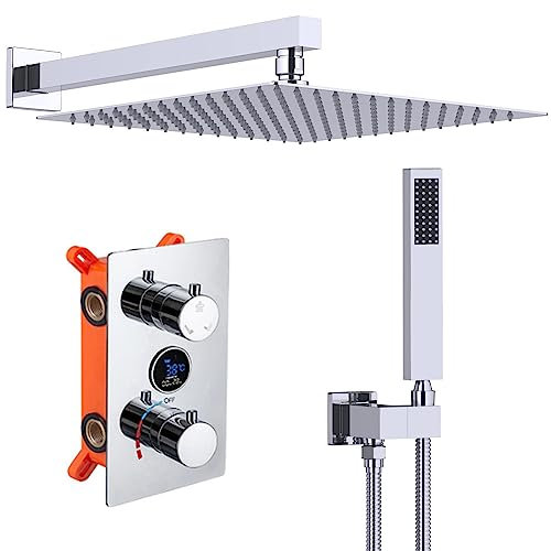 SWHC Colonne de Douche Affichage Numérique Colonne Douche Encastrable Mural Ensemble de Douche Bouton Système de Douche avec Tête de Douche, Douchette