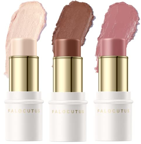 FALOCUTUS 3 Pcs NEUTRAL Contour Stick Set,Cream Blush & Highlighter Bronzer Pen,Long Lasting & Smooth Natural Face Contouring Illuminator,Professional Makeup Kit for All Skin