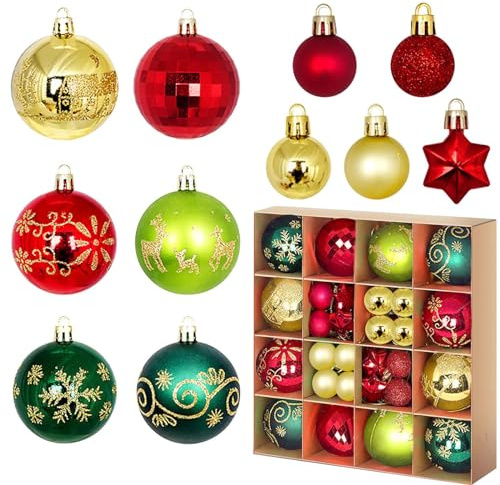44pcs weihnachtskugeln grün,ASSUGO Grüne Weihnachtskugeln Kunststoff weinachtsbaumdekorationen, Mini Plastik Bruchsicher Kleine Bälle für Weihnachtsbaum Deko (Rot&Gold&Grün)