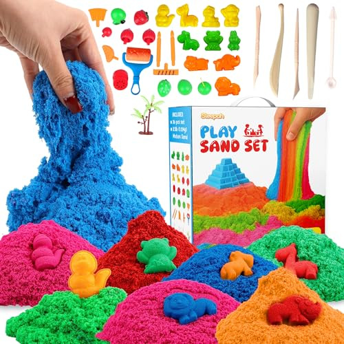 Sleepah Play Sand Sensory Sand Set for Boys & Girls Age 3 4 5 6 7 8 No Mess Never Dries Out Toy Perfect for Shaping Squeezing Scooping Rolling Molding – 31p Set 5 Colors Large Arts & Crafts Set Gift