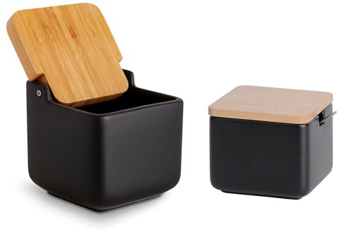 KOOK TIME Set de accesorios cocina - incluye salero de cocina con tapa basculante y Azucarero original de cerámica - con tapas de madera de bambú y azucarero con cucharilla de Acero Inoxidable - Negro