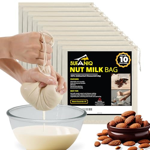 Sacchetti per latte di noci, confezione da 10 (30,5 x 30,5 cm), in 100% cotone non sbiancato, per filtrare, sacchetti per latte di noci di alta qualità, riutilizzabili, per mandorle, soia, latte