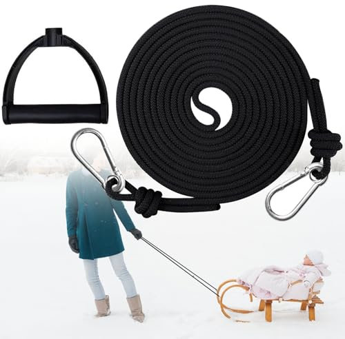 Schlittenseil Zugseil 1.97m, Schlitten Seil, Schlittenleine mit Holzgriff, Griff Kordel Leine Zugleine für Bob & Rodeln im Winter (Schwarz)