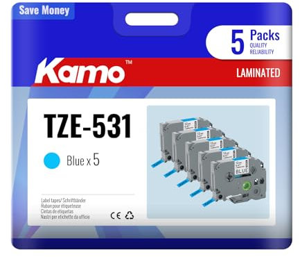 5x kamo Bänder kompatibel mit Brother P-touch 12mm 0.47 Schriftbänder TZe-531 TZe531 TZ-531 TZ531 Laminated Blau, für Beschriftungsgerät PT-D210 PT-D220 PT-D200 PT-H110 PT-D400