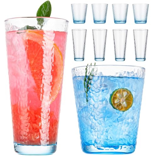 VasoArte Drinking Glasses, 8 Piece Glass Cups, Colored Mixed Glassware Set, 4 pcs Crystal 12oz Highballs and 4 pcs 10oz Rocks Glasses, Great for Cocktail, Whisky and other Beveragesc (Light BLUE)