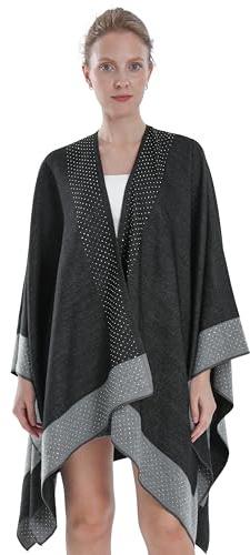 Miaikvs Women Poncho Reversible Oversized Open Front Cardigans Blanket Rhinestone Shawls Wraps for Ladies (Black)