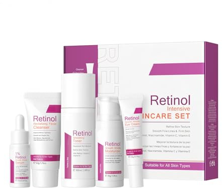 BeauBase Kit Skincare Viso Retinolo 5 Pezzi per Donna – Routine Anti-Età con Detergente, Tonico, Siero, Crema Contorno Occhi e Crema Idratante
