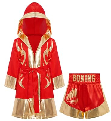 Eandarui barn, pojke, boxerkostym, långärmad, satin, huvkappa med bälte, muay thai shorts, kickboxing set för 5–16 år, rödguld C 122-128