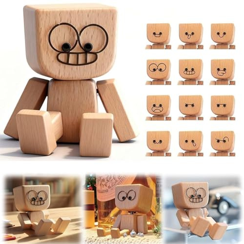 Taechalingo Wackelnder Holzmann,Charmante Kleine Holzfigur,Schüttelnde Holzmann-Figur mit 12 Ausdrücke Schwankt,Wackelnde Holzfigur,Schüttelmann aus Holz