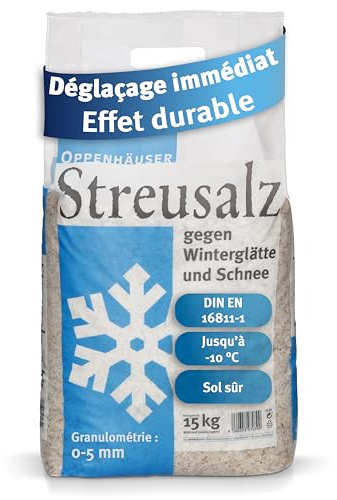 OPPENHÄUSER Sel de déneigement 15kg : efficacité immédiate et durable contre le verglas, sel d épandage pour trottoirs, allées et parkings, granulométrie M, conforme DIN EN 16811-1, qualité premium