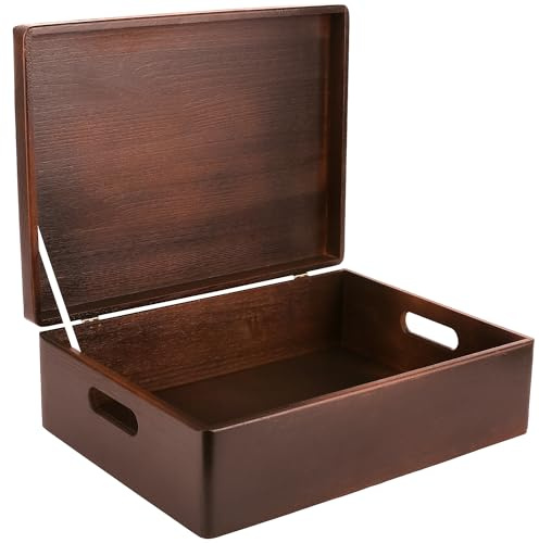 Creative Deco XL Large Brown Plain Wooden Storage Box | 40 x 30 x 14 cm (+/-1 cm) | Hinged Lid & Handles | Gift Christmas Xmas Box Storage | UNSANDED Wood Keepsake Memory Craft Chest