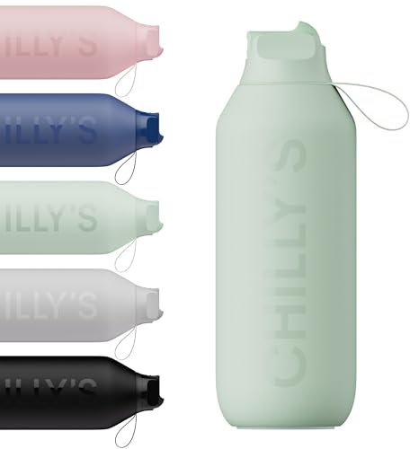 Chilly's Series 2 Flip Water Bottle with Sports Lid - Vacuum Insulated Stainless Steel Water Bottle with Straw, Carry Loop, & Cleaning Brush - No Sweat - 500ml - Lichen Green