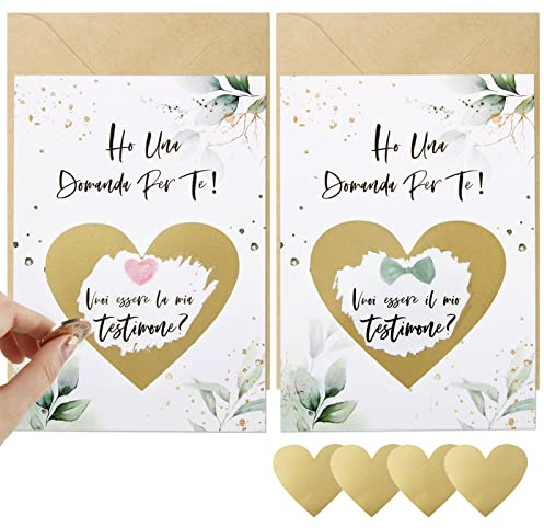 BETESSIN 2pz Cartoline Testimone Nozze Vuoi essere la mia/il mio testimone 4pz Gratta e Vinci Adesivi Cuore 2pz Buste per Chiedere Essere Testimone Regalo Biglietti Invito Matrimonio Gadget