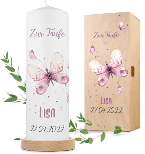 GRAVURZEILE Candela stampata per battesimo con farfalla V2 candela stampata brillante per battesimo regalo personalizzato per ragazze e ragazzi candela a colonna di alta qualità 250 80 mm colore rosa