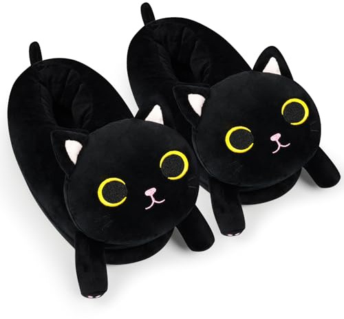 MUFEIRUO Fluffy Women's & Men's Plush Slippers - Cute Cartoon House Slippers - Warm Indoor Shoes - Black Cat, 10 UK