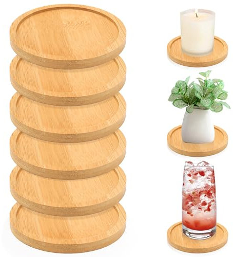 RAFIYU 6 portacandele a pilastro, rotondi, piattini decorativi, in bambù, per candele, sottobicchieri, portacandele decorativi, per soggiorno, candelabri, portacandele