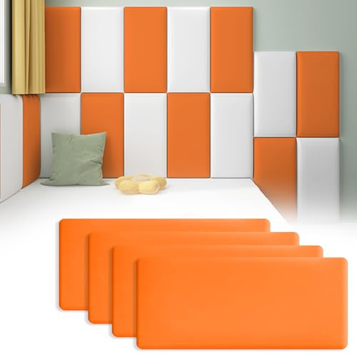 Lot de 4 rembourrages muraux 3D anti-collision pour enfants - 40 x 20 cm - Autocollant - Protection murale rembourrée douce pour chambre à coucher, salon, salle de jeux (orange)