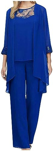 Mrat Conjunto de 3 piezas para mujer, casual, talla grande, pantalones de gasa para mujer, elegantes trajes de madre de la novia, cárdigan liso, chaleco de encaje sin mangas, conjunto de pantalones