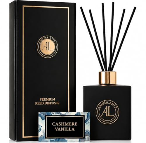 Aroma Loft Black Reed Diffusers for Home | Premium Fragrance Diffuser | Reed Diffuser Sticks in Oil Set with Cashmere Vanilla Scent | Smell Good Stuff | Long-Lasting Oil for Bathroom & Office (5 oz)
