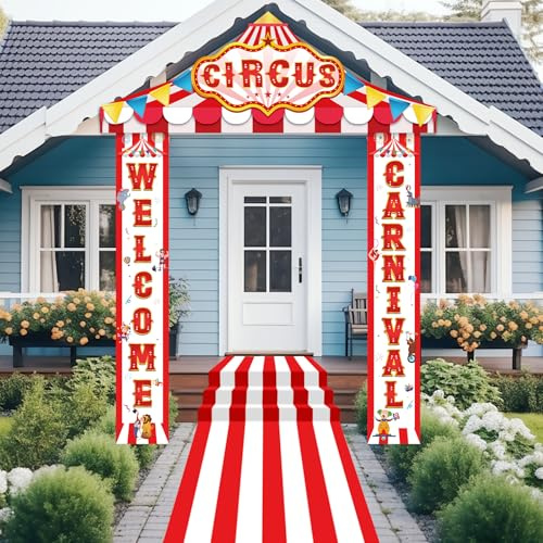 4Pcs Carnival Party Door Banner Circus Halloween Decorations Circus Tent Decor Red White Striped Awning Welcome Carnival Hanging Banners Decor for Circus Theme Carnival Birthday Party Decor Supplies