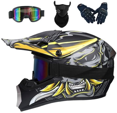 Casque de Motocross Casque Offroad ATV Casque Dot Casque de Moto de Cross pour Jeunes Unisexes Casque de Moto avec Lunettes Gants(Yellow,L(56-57cm))