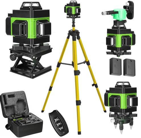 Nivel Laser autonivelante 4 x 360°, 4D 16 líneas nivel láser autonivelante 360 grados horizontal y vertical, IP54, laser autonivelante con control remoto y 2 x 2600mAh Baterías (Con trípode)