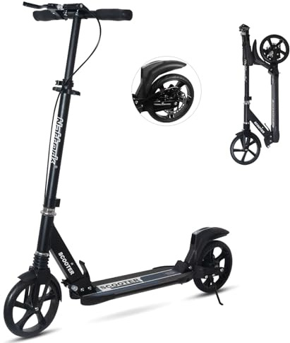Nattork Scooter for Adults and Teens- Adjustable Height Folding Kick Scooter Large Sturdy Wheels for a Smooth Ride, Lightweight, Commuter Adult Scooters with Hand Brake,Shock Absorption-Black