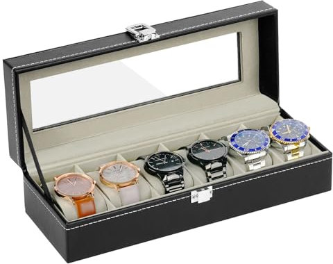 OFFCUP Watch Box with 6 Slots, Watches Case with Glass Lid, PU Leather Display Storage Box with Removable Watch Pillows, Gift Idea for Jewellery Bracelets Bangles Storage (Black)