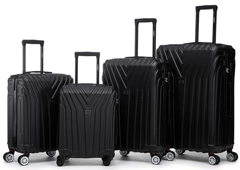 R.Leone Valigia da 1 Fino a Set 4 Trolley Rigido grande, medio, bagaglio a mano 55x40x23 cm Wizz, ITA Airways e bagaglio 45x36x20 cm EasyJet in ABS 9001 (Nero, Set 4 Pezzi XS S M L)