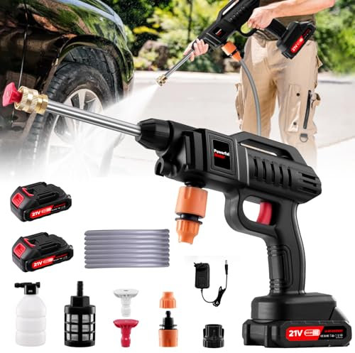 Limpiador de Alta Presión con Batería, 21V 60Bar Hidrolimpiadora de Alta Presion con 2 Baterías, Boquilla Multifunción 3 en 1, Manguera de 5 m, Pistola de Agua a Presión Portátil para Coche, Patio