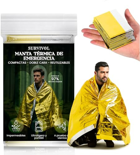 SURVIVOL - Pack 10 Mantas Termicas Supervivencia - Mantas Calor Termico de Emergencia de Aluminio - Emergency Blanket para Kit Preparacionismo Mantener Calor, Anti Viento y Lluvia.