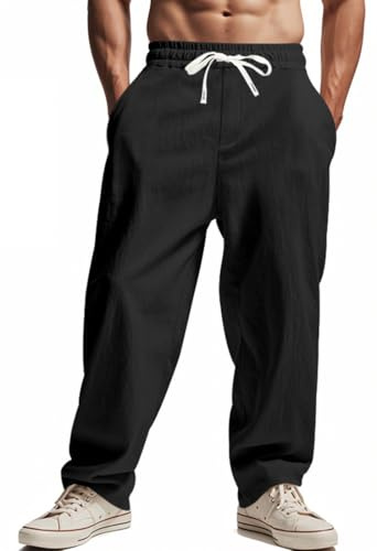 OLIPHEE Pantaloni Lino Uomo Estivi Lunghi con Tasche e Coulisse Casual Pantaloni Uomo Leggeri Larghi Comodo con Elastico in Vita Loose Fit Pantalone Yoga Spiaggia