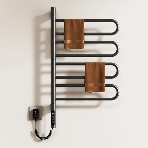 DOKKOME Scaldasalviette elettrico da bagno con rotazione di 180°, scaldasalviette elettrico, termosifone da bagno, 130 W, con timer e termostato 30 – 70 ℃ (tubo rotondo girevole)