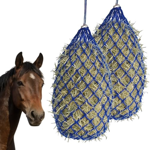 Lot de 2 filets à foin pour chevaux - 10 kg - Maille étroite - 10 x 10 cm - Sac à foin pour chevaux - Pour une alimentation adaptée aux espèces - Améliore la digestion - Bleu